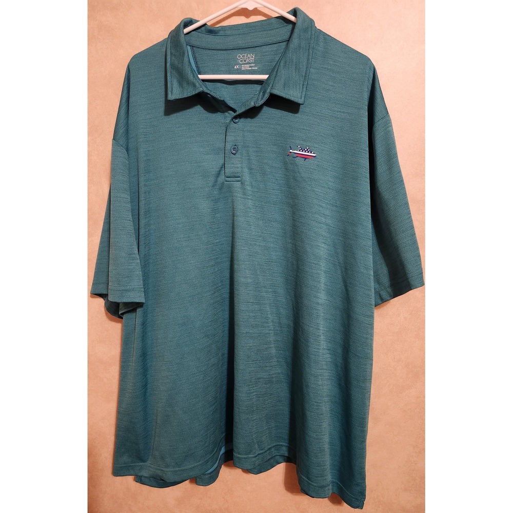 Ocean Coast Mens 4X Polo Shirt Teal Blue Heathered Patriotic Fish Performance